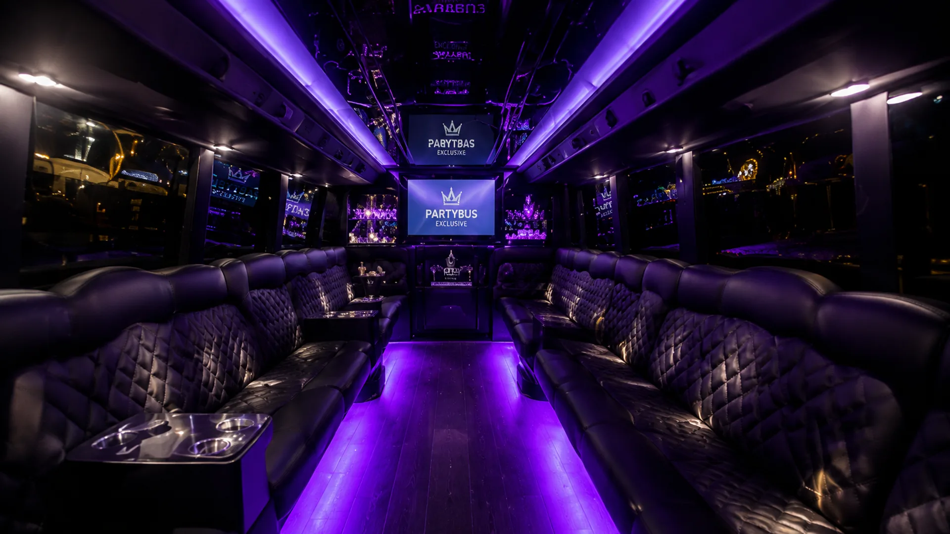 Gezellige sfeer in de partybus Gezellig interieur van een partybus met paarse sfeerverlichting en zitplaatsen