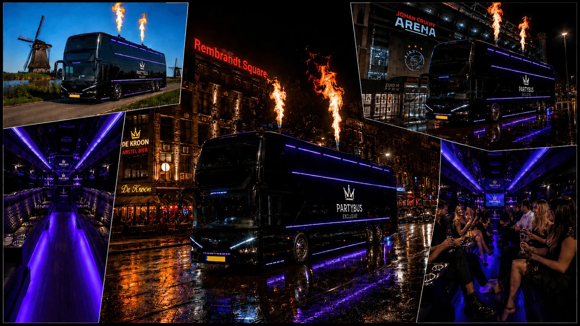 Luxe partybus exterieur Premium zwarte partybus met paarse LED-accenten in de Nederlandse nacht