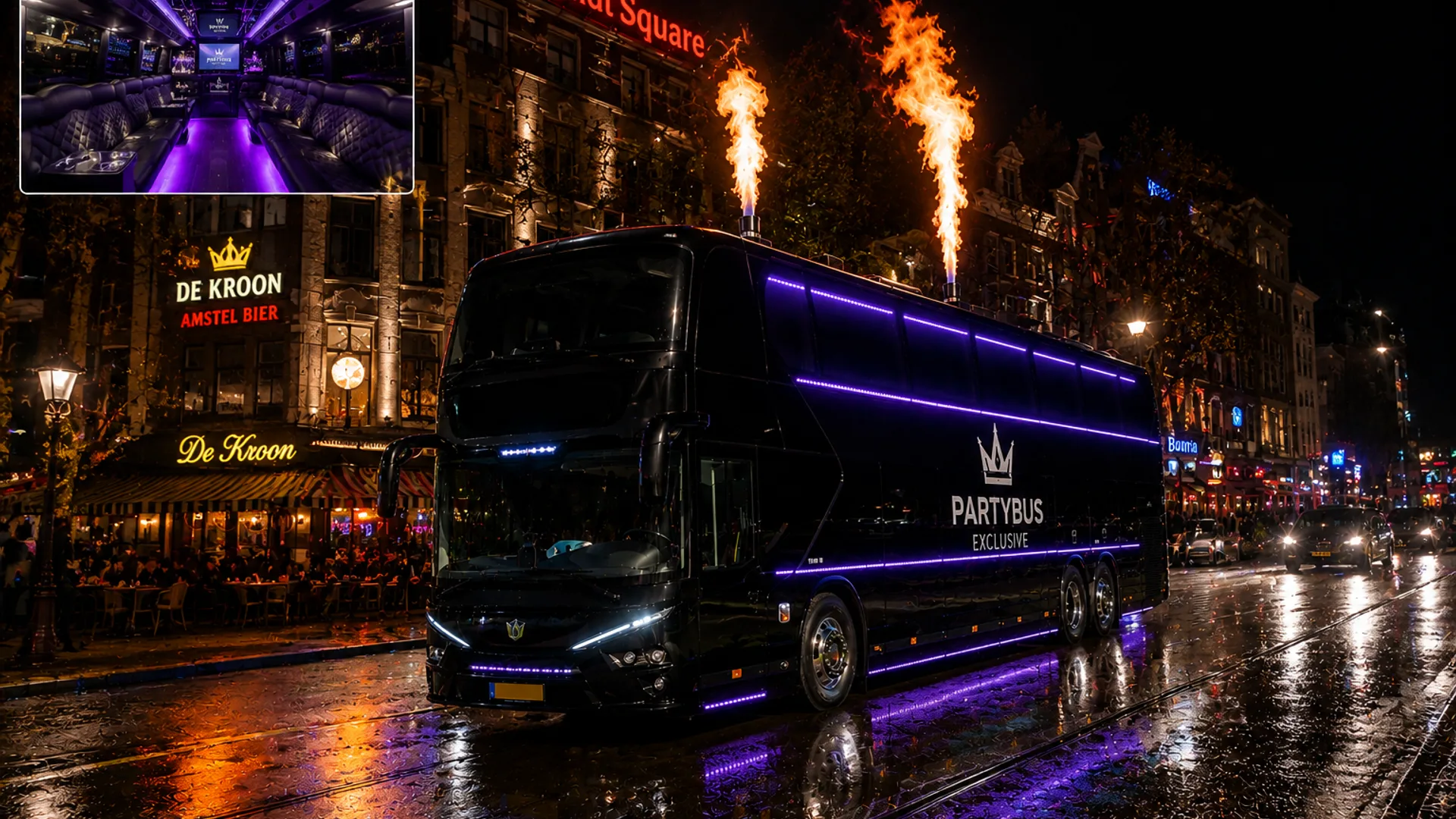 Onderweg in de partybus Luxe zwarte partybus rijdt ’s avonds door Nederland met paarse verlichting